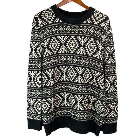 H&M 90s Vibe Wool Blend Nordic Pattern Knit Sweater Black White Round Neck L - Picture 2 of 10